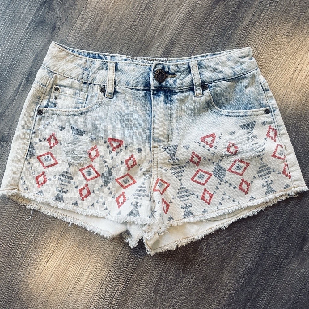 Y2K Hot Kiss Denim Shorts Womens Size‎ 4 Aztec Print Cutoff Festival Boho